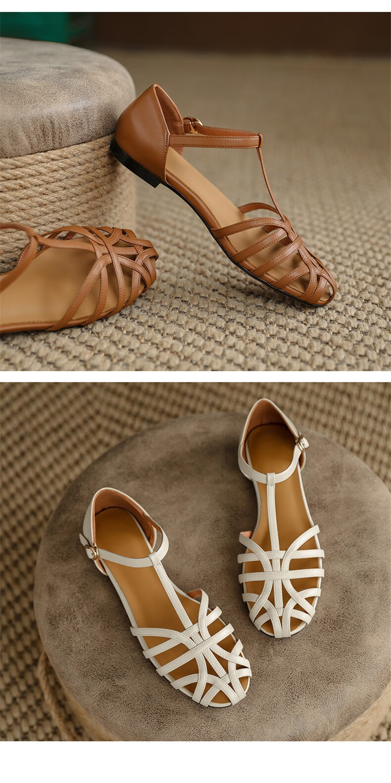 visioncabo复古编织包头凉鞋女平底罗马鞋棕色34