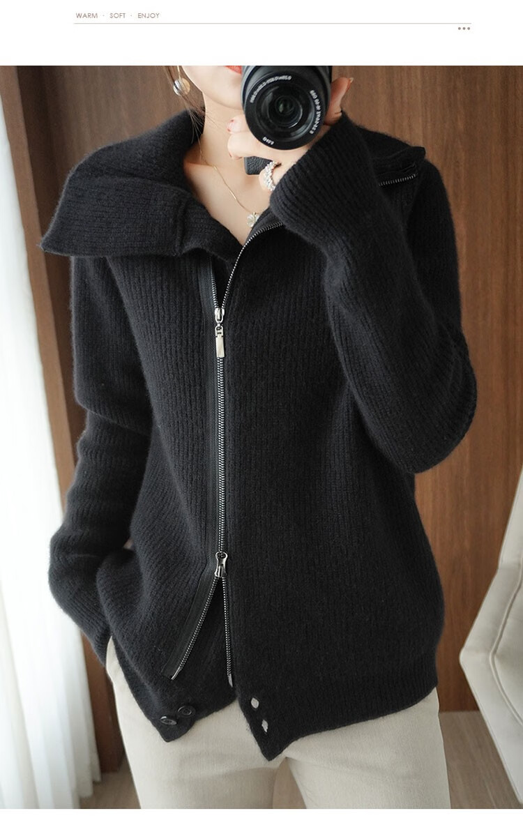 羿沫怡高领开衫女纯羊毛外套秋冬新款时尚宽松欧美风针织短款外搭毛衣
