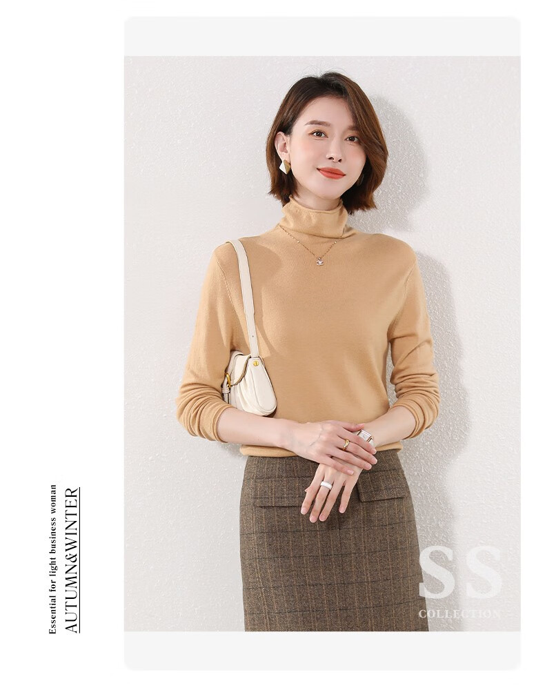 Hengyuanxiang 100% Pure Wool Women's Sweater Autumn Winter Turtleneck Thin Fashion Casual Knitwear Versatile Base Shirt Top 11