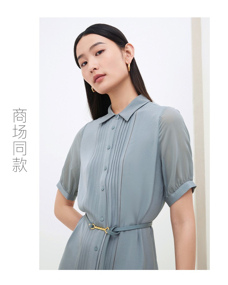 商场同款鹿王真丝连衣裙女桑蚕丝翻领短袖中裙气质休闲日常百搭2022