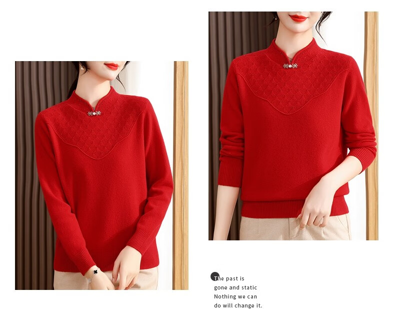 Hengyuanxiang Women's 100% Pure Wool Sweater, New Chinese Style Middle-Aged Mom's Outfit, 50-60 Years Old Stylish Zodiac Year Base Layer Red Sweater 21