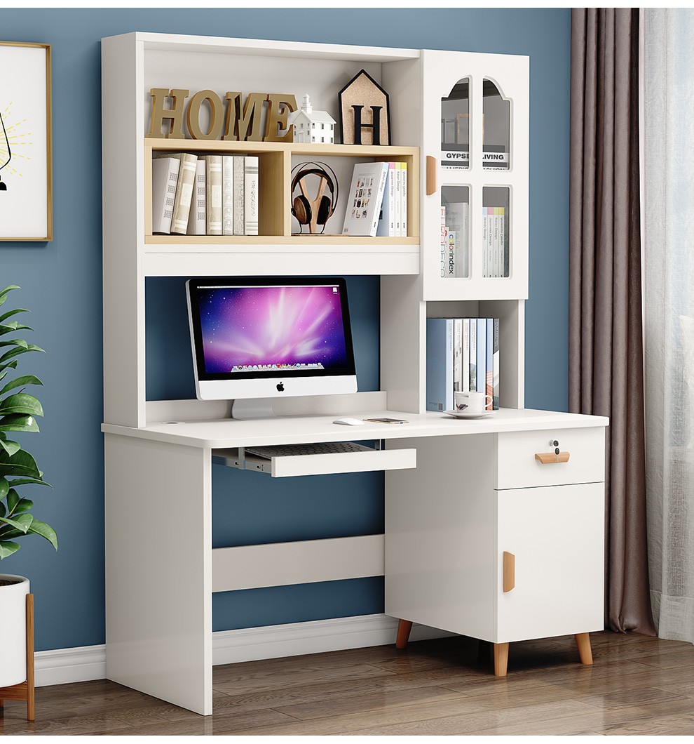 玉珏实木书桌书柜组合一体电脑桌台式家用写字台书房家具学习桌带书架