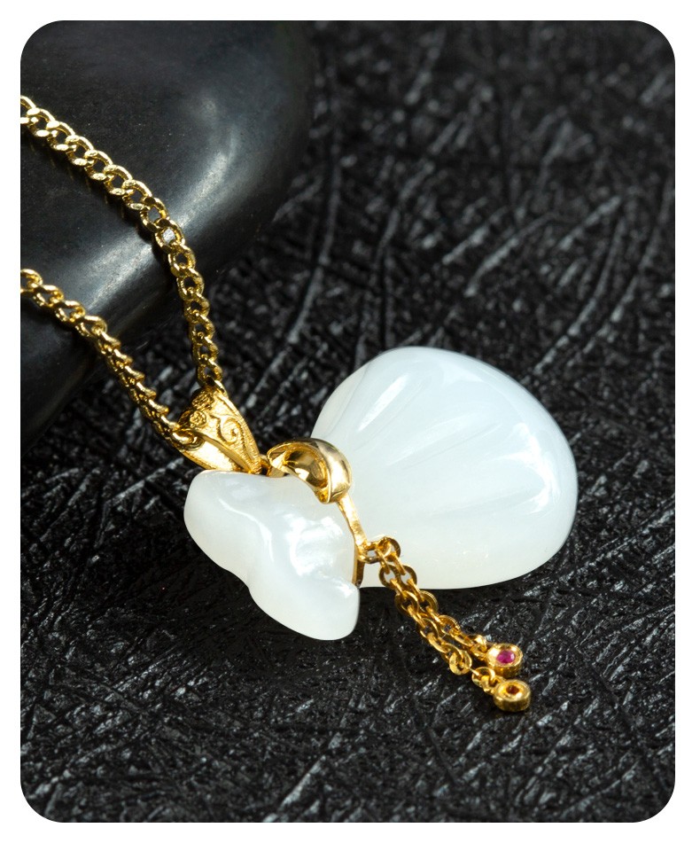 影享和田玉吊坠羊脂玉福袋玉石玉坠金镶白玉福袋项链