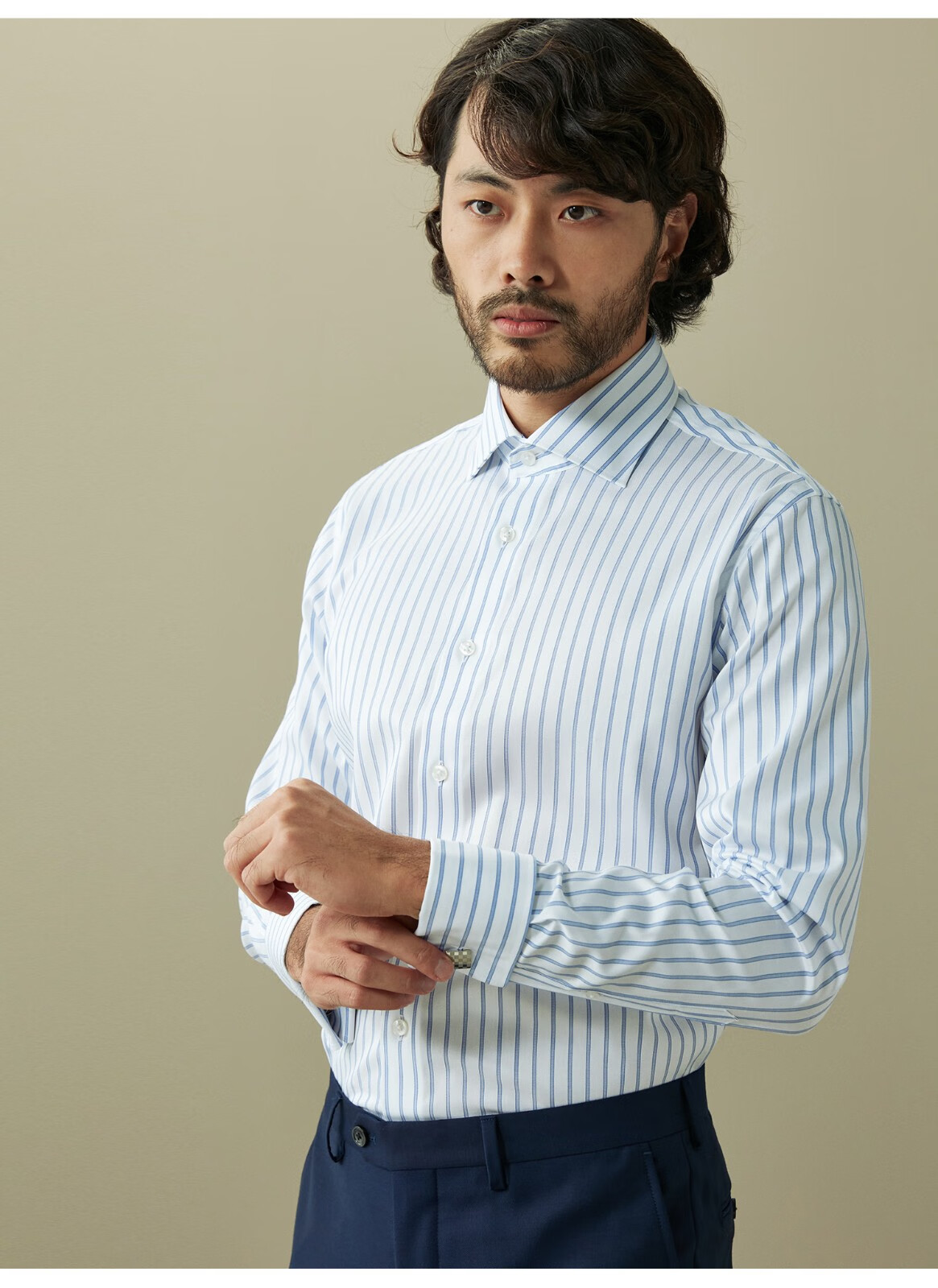 hany意式温莎领法式衬衫男正装高端条纹男士袖扣高领西装衬衣秋装马