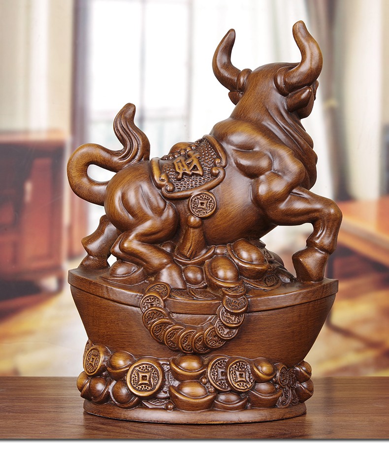 明班元宝牛气冲天摆件实木雕刻牛摆件装饰工艺品店铺家居办公室桌面