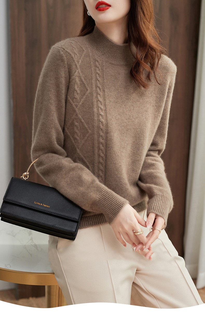 莎芡半高领毛衣女冬套头纯色针织衫气质百搭针织打底衫上衣深驼色均码