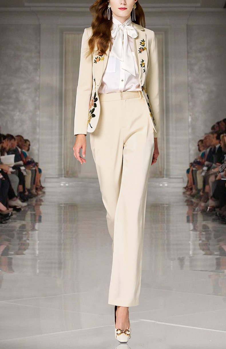 fleurwood西装套装女秋冬新款复古刺绣高级感干练长袖外套长裤两件套