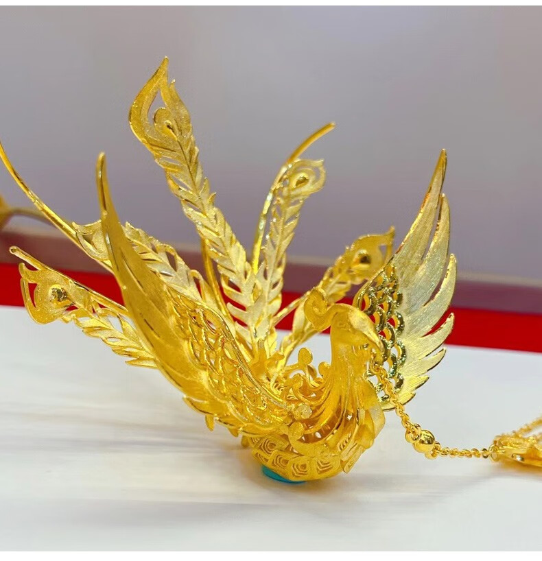 9足金轻奢发簪古风头饰凤凰 黄金头饰复古婚嫁婚礼凤簪结婚礼物 黄金