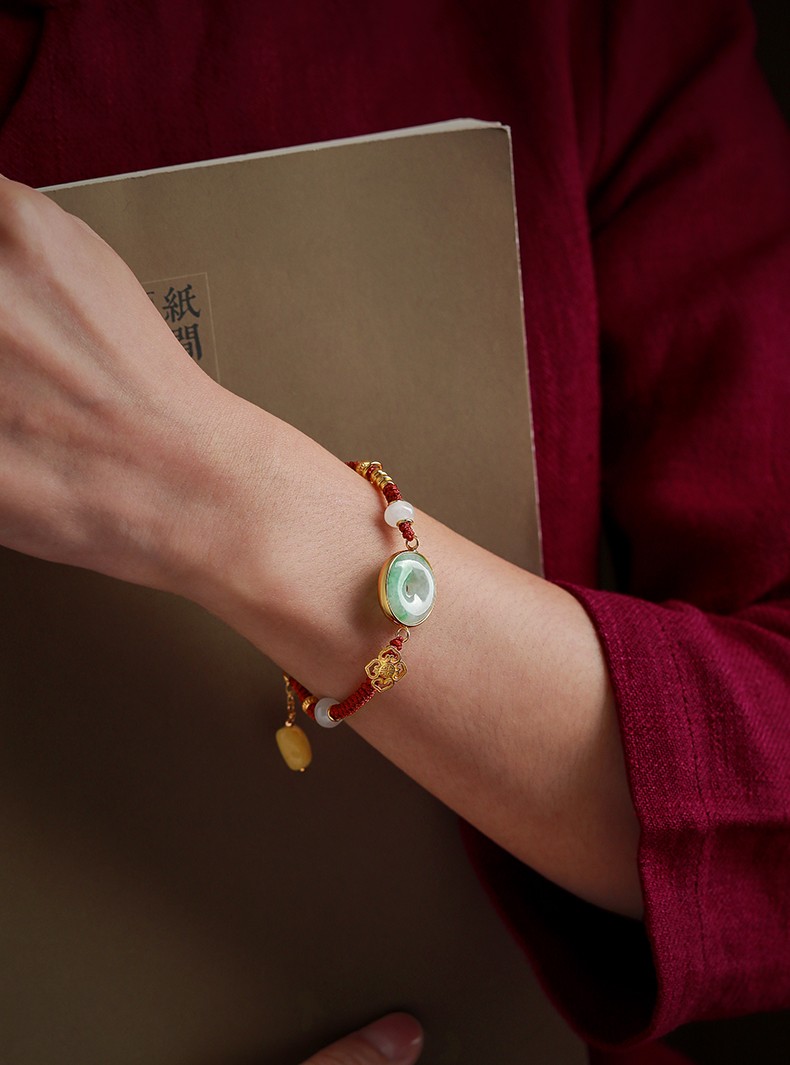 淘运阁水润蛋面翡翠平安扣手链手串女金刚结手绳蜜蜡配珠编织红绳银