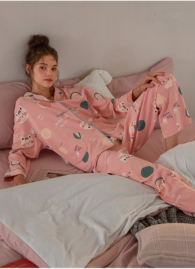 秋鹿睡衣女舒肤棉春秋新品长袖纯棉可外穿家居服套装橡皮粉82xl