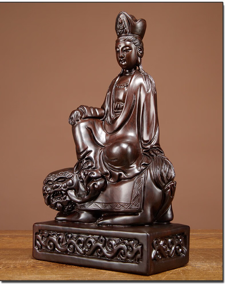 浣彩黑檀木雕文殊菩萨佛像摆件实木质家居供奉客厅玄关装饰工艺品摆设