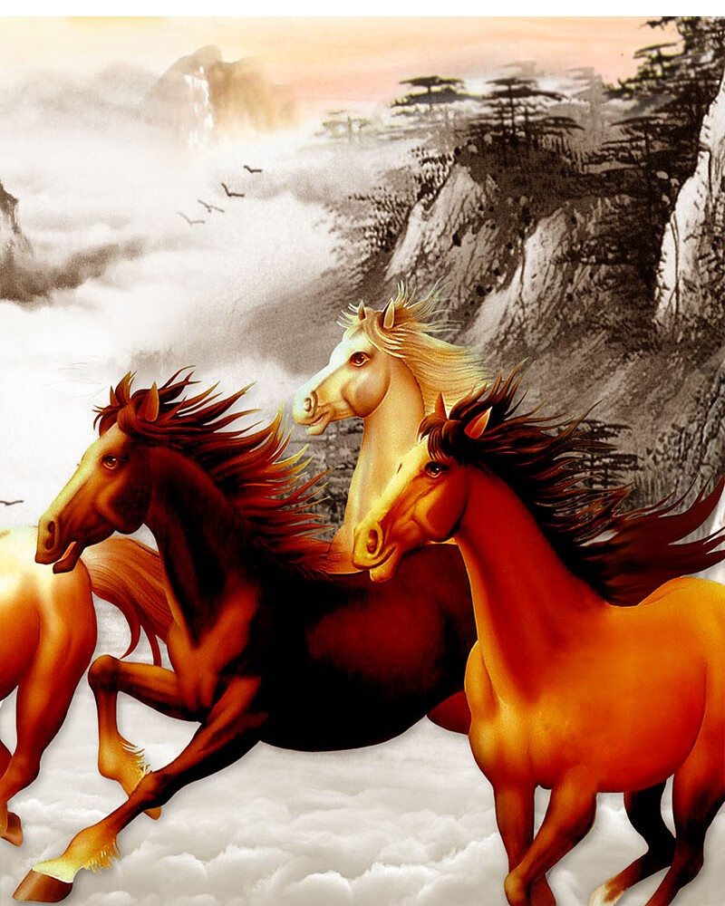 墙画大尺寸水墨画送礼八骏图咖啡色框120x50cm22米内墙面使用有机玻璃