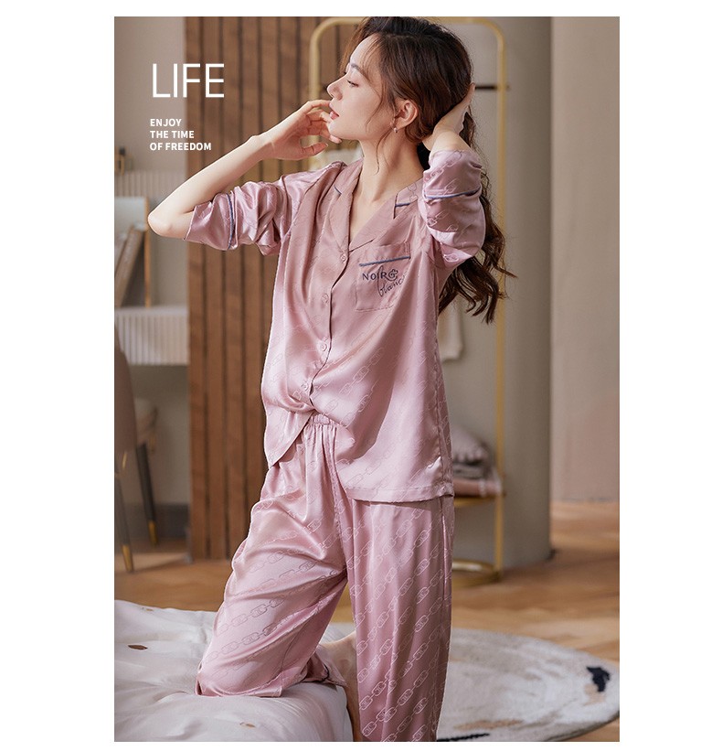 珂黛雅品牌女士睡衣春秋款丝绸长袖开衫新款仿真丝家居服凉感套装雾灰