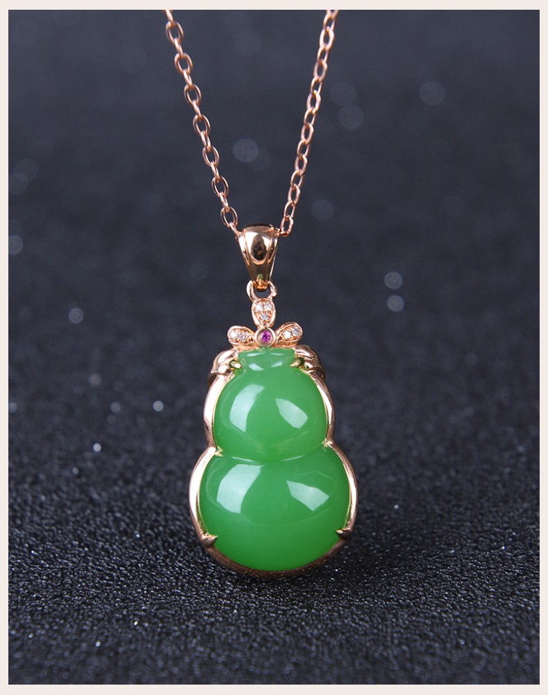 嘉保玉18k金镶和田玉葫芦吊坠女天然时尚苹果绿碧玉项链18k金苹果绿