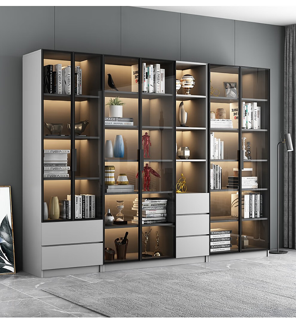 爱沐歌书柜可定制轻奢带玻璃门书柜现代简约组合书架客厅落地靠墙储物