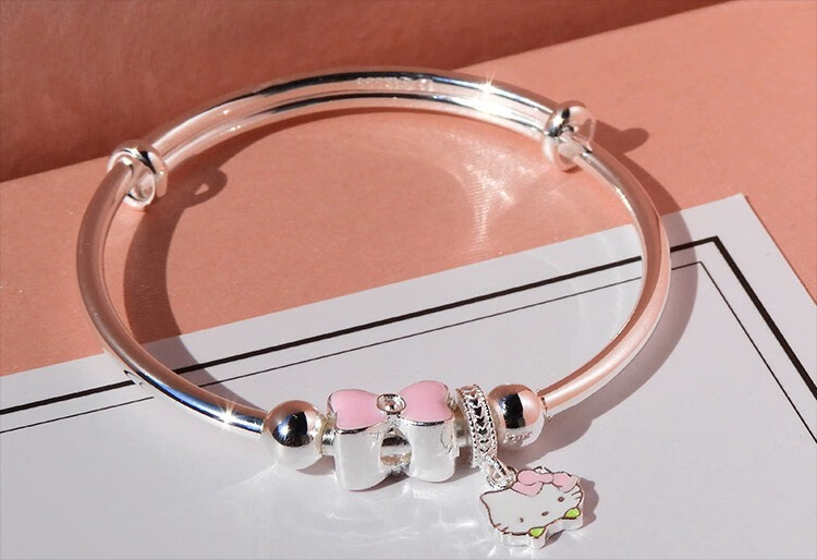 靓今缘999足银手镯女女孩卡通镯子凯蒂猫咪中儿童宝宝网红寻禧草莓