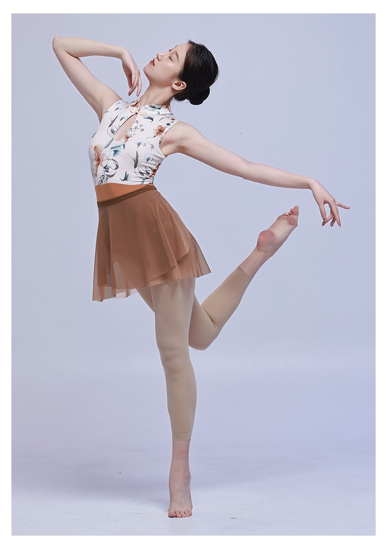 芭蕾舞练功服中国舞蹈旗袍领印花连体体操服冰丝形体服女成人 青砖