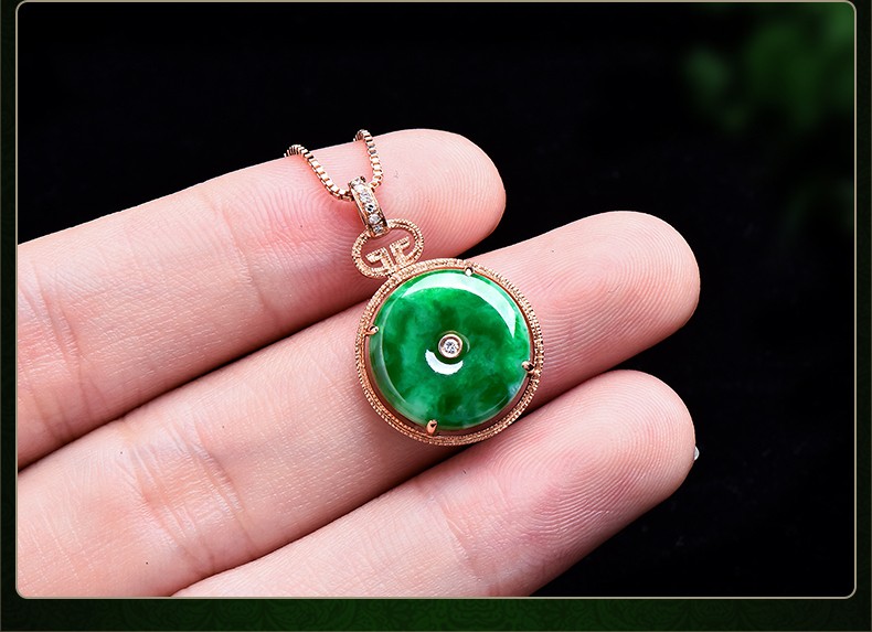 玉等我18k金镶钻冰糯种辣绿翡翠吊坠平安扣包边女玉坠
