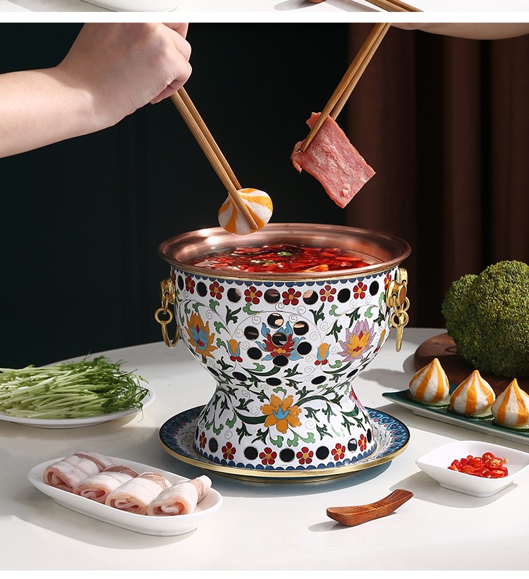 一人一位景泰蓝单人专用铜火锅纯紫铜酒精小火锅具环保油京城火锅爱士