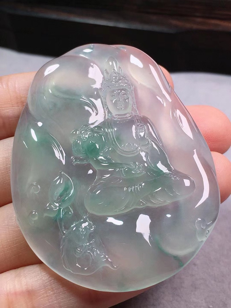 源头翡翠飘花大势至菩萨吊坠缅甸天然翡翠玉石珠宝首饰项链玉佩玉器