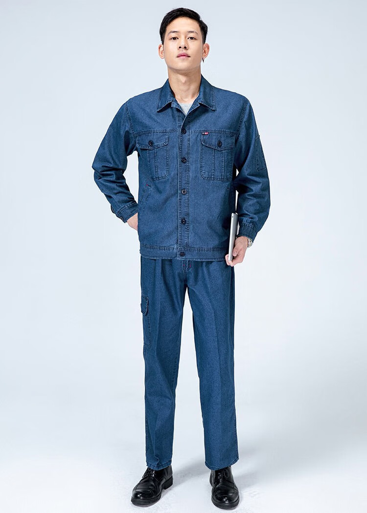 佳瑞捷夏季薄款牛仔工作服男棉透气耐磨工地车间电焊工劳保服 纽扣上