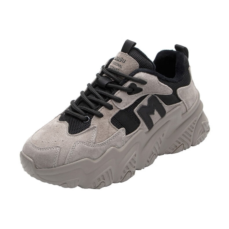 女鞋老爹鞋女2022年新款真皮百搭厚底运动轻便软底休闲鞋灰色单里35