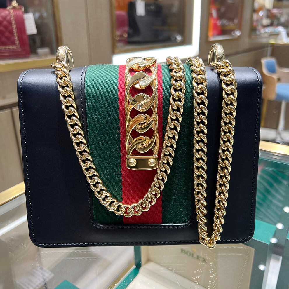 二手95新古驰gucci牛皮黑色包sylvie塞尔维亚系列丝带手提包单肩斜