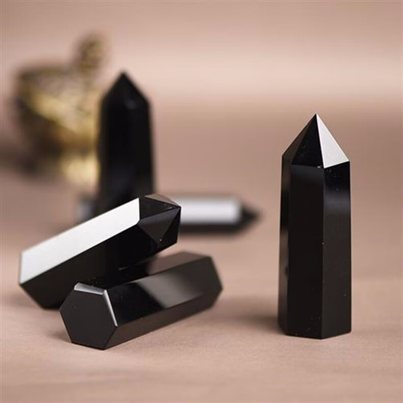 唯诚天然黑曜石水晶柱单尖原石六棱柱能量柱招财风水家居摆饰78厘米高