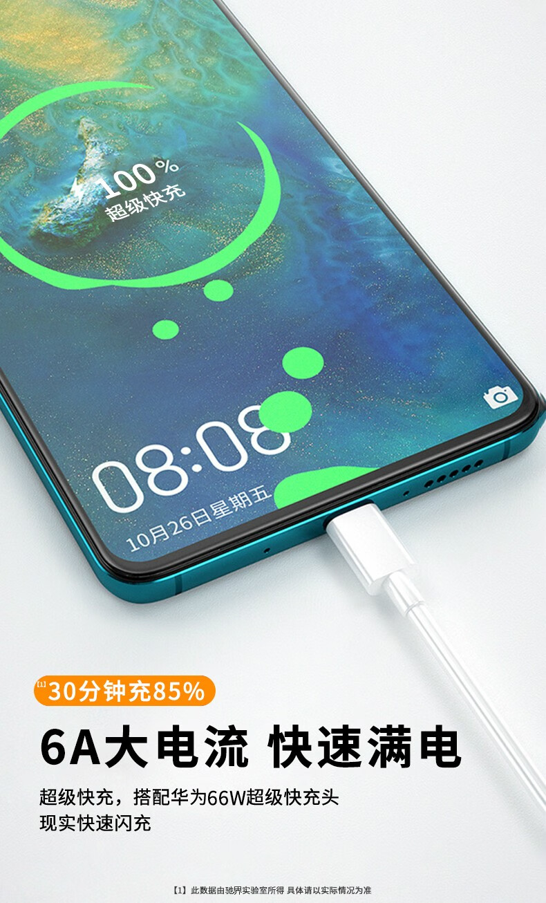 105922-适用6A华为数据线Type-c快充66W充电线充电器头mate40Pro/p50/nova8荣耀驰界 【6A超级快充】Type-C闪充线【1米】-详情图