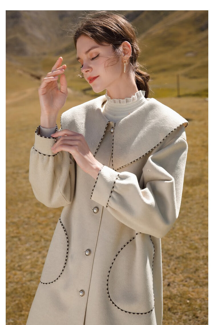 香影大衣女中长款2021年冬季新款气质韩版宽松娃娃领仿双面呢外套米色