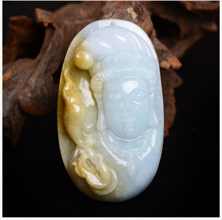 珑翠福缅甸翡翠a货黄翡观音头吊坠大款立体玉观音头像玉佩玉坠挂件男