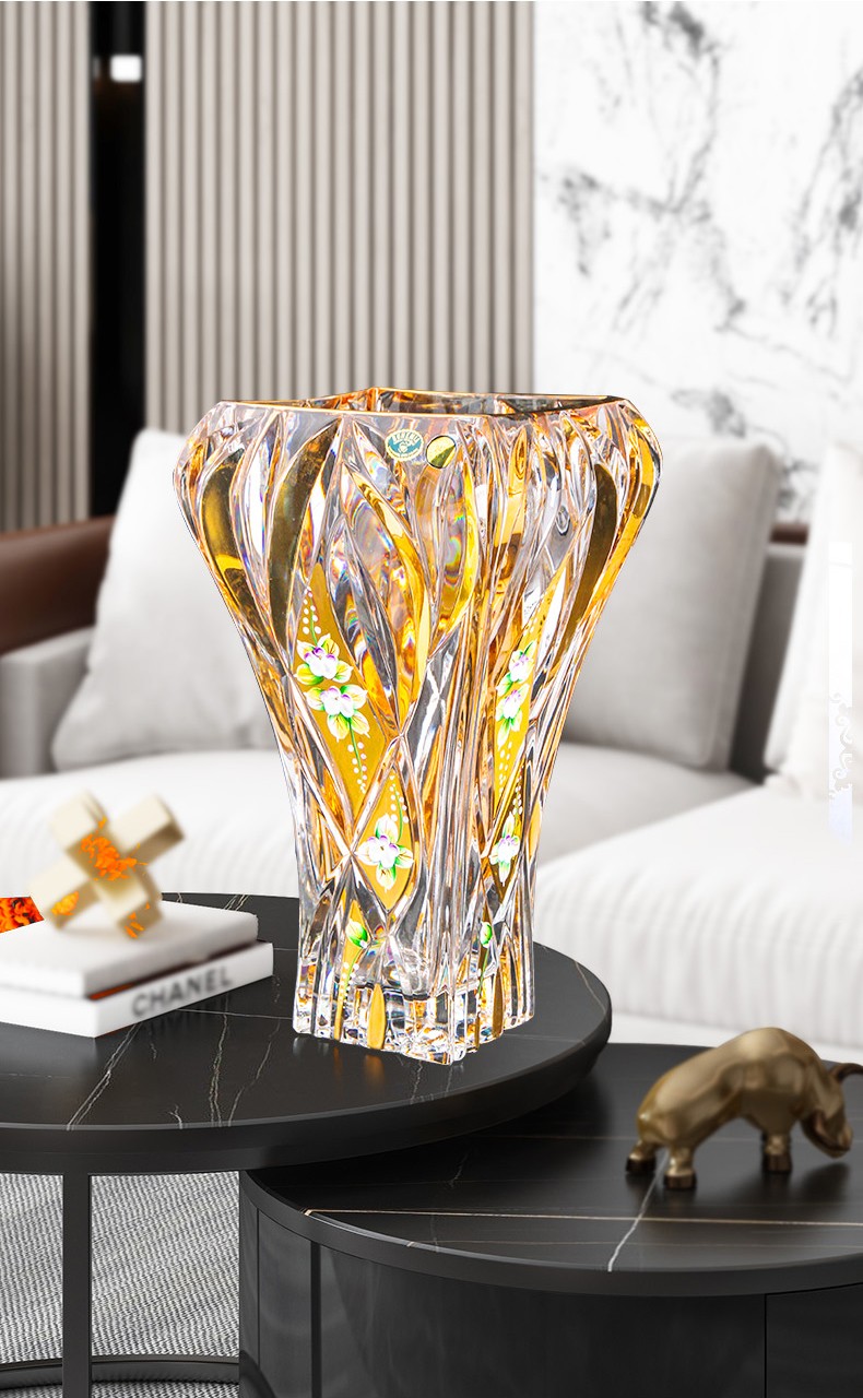 捷克进口bohemia捷克波西米亚水晶玻璃花瓶描金台面居家装饰花瓶金色
