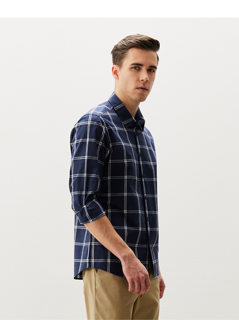 圣大保罗男装2022春季新款衬衫男休闲百搭双色中格长袖衬衣微弹方领