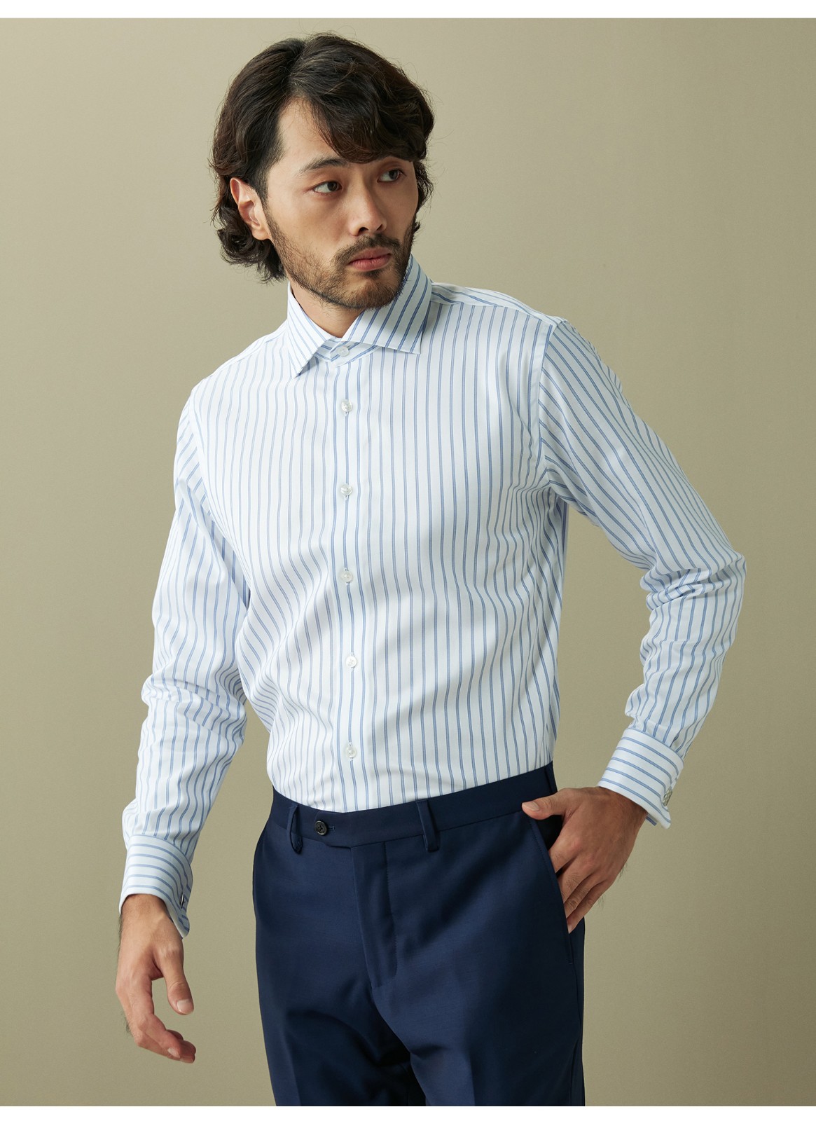 hany意式温莎领法式衬衫男正装高端条纹男士袖扣高领西装衬衣秋装马