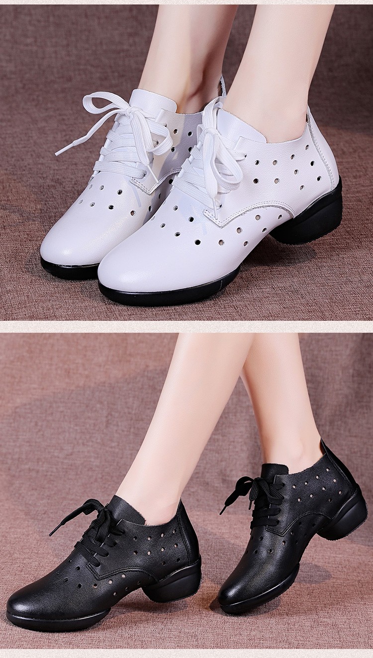 恰恰鱼真皮广场舞女鞋夏季跳舞鞋软底白色舞蹈鞋时尚外穿网面透气黑色