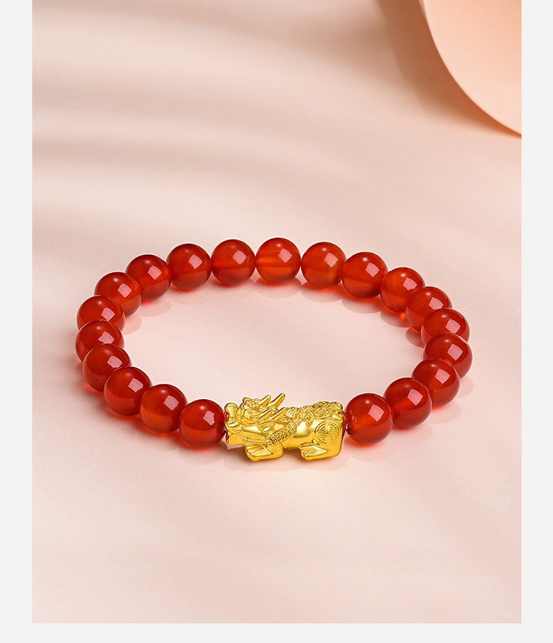 周六福黄金转运珠女款5d硬金貔貅红玛瑙手串手链定价貔貅手串约09g
