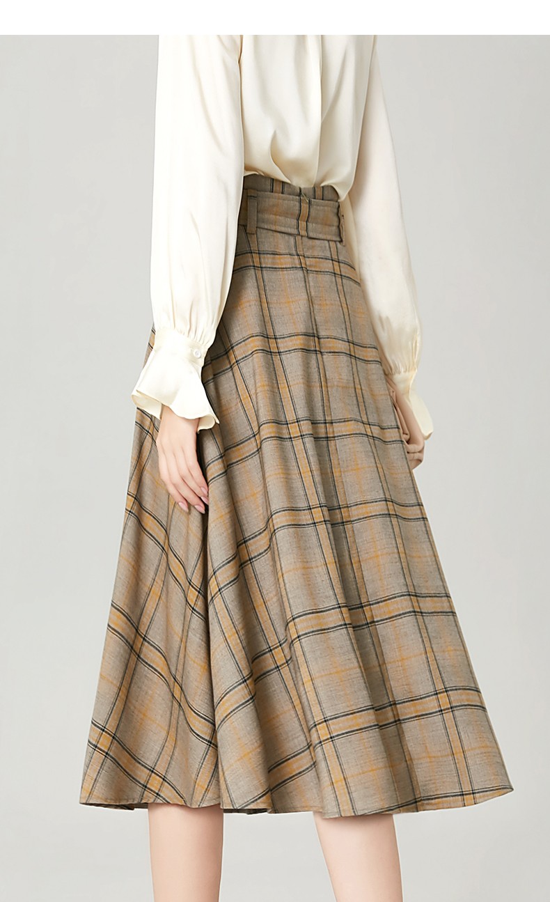 晚白2021年秋冬款修身高腰格子通勤减龄半裙伞裙a裙半身裙女 卡其色 s