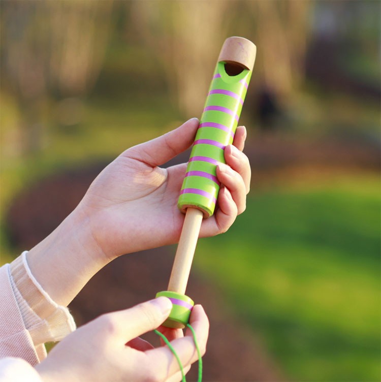 曲漾吹奏乐器木质抽拉木笛儿童音乐玩具抽拉口哨推拉木笛子原木蓝手柄