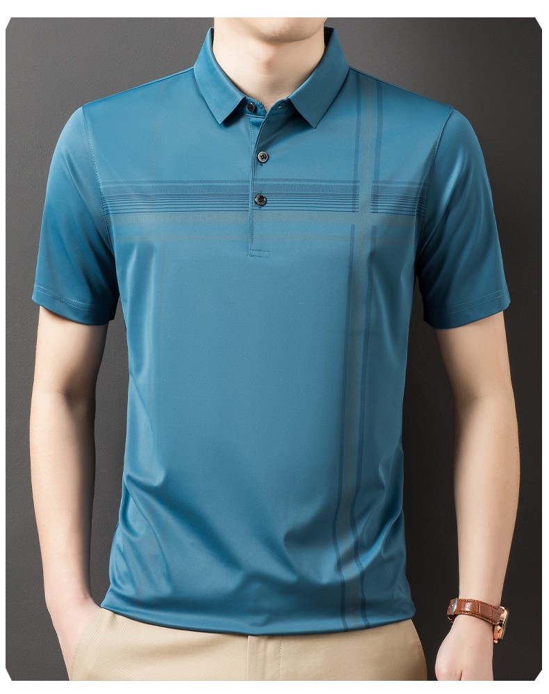 男士冰丝短袖格子半袖衫薄款真丝t恤男装丝绸无痕免烫短袖上青s16584a