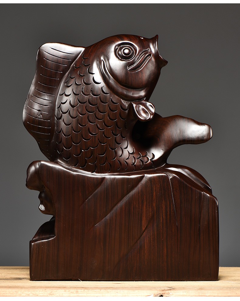 浣彩黑檀木雕鲤鱼摆件年年有鱼实木家居客厅公司装饰品红木工艺品送礼
