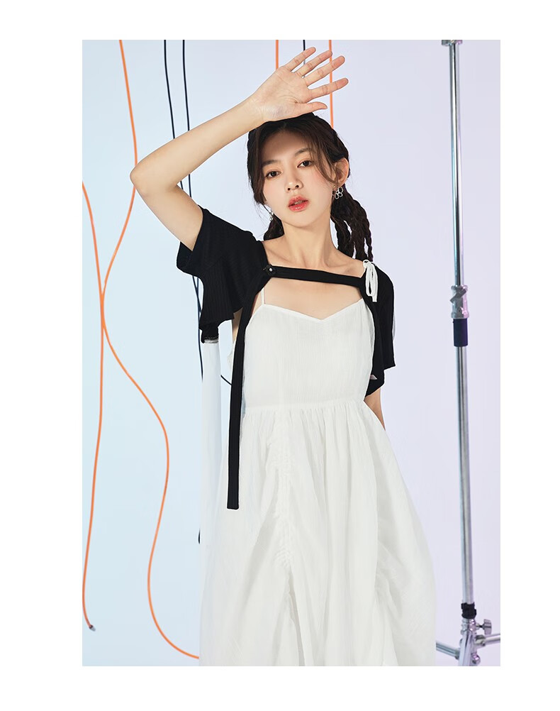 金苑裙子女2022夏季新款飘带披肩吊带网纱连衣裙子两件g222126 彩色 m