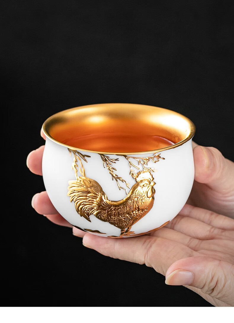 羊脂玉瓷黄金盏杯陶瓷功夫茶具纯手工鎏金主人杯单杯金鸡杯金枝玉叶