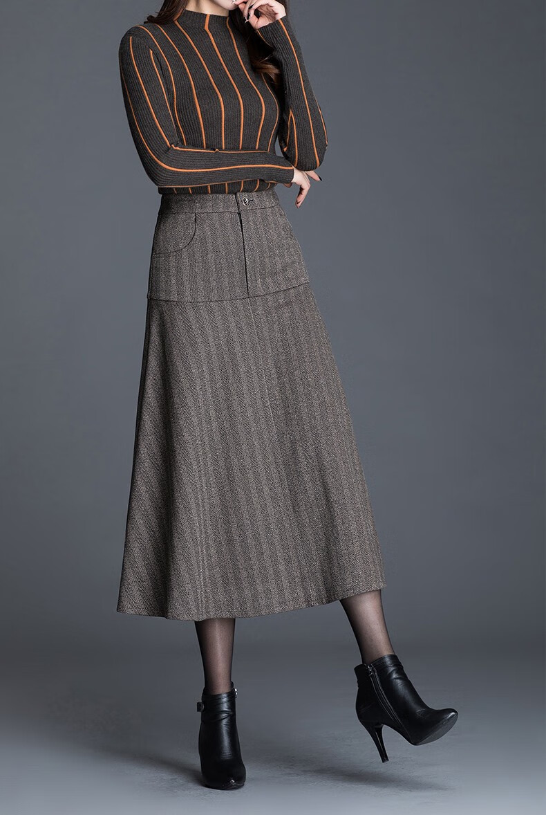 梵乔希品牌毛呢半身裙女中长款高腰秋冬裙子a字裙百褶大摆裙长裙咖色