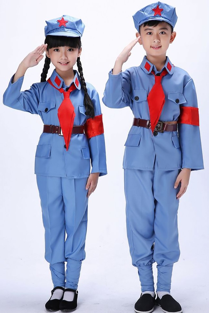 六一儿童小红军表演服八路军闪闪红星演出服幼儿话剧舞蹈服 灰蓝弹力