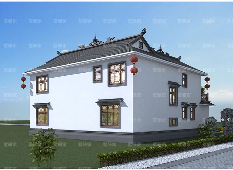 二层四合院别墅设计图纸仿古徽派建筑农村自建房设计图别墅外观效果图