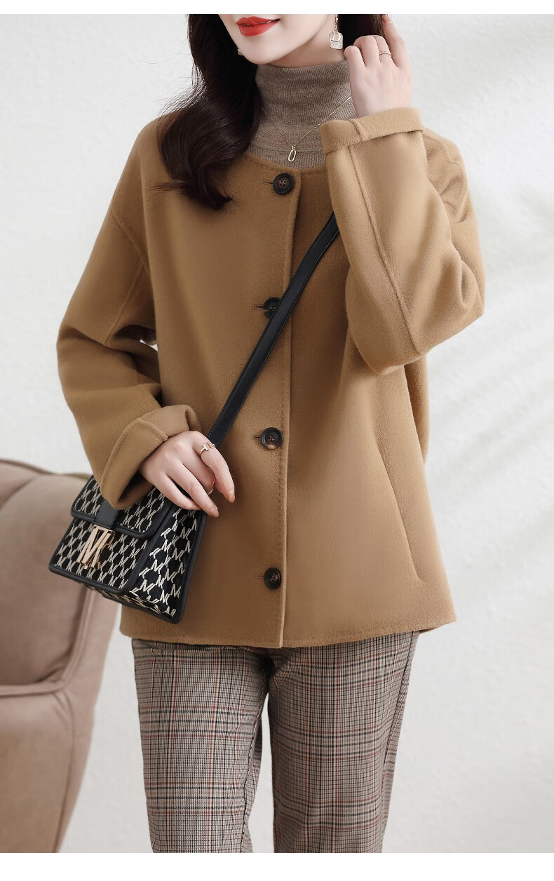 伯莎丹顿品牌圆领双面羊绒大衣女2022年秋冬季新款通勤纯色毛呢外套