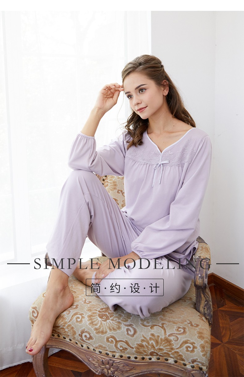 isyfen/伊丝芬秋冬睡衣v领镶蕾丝套头阔版长袖长裤女士家居服套装