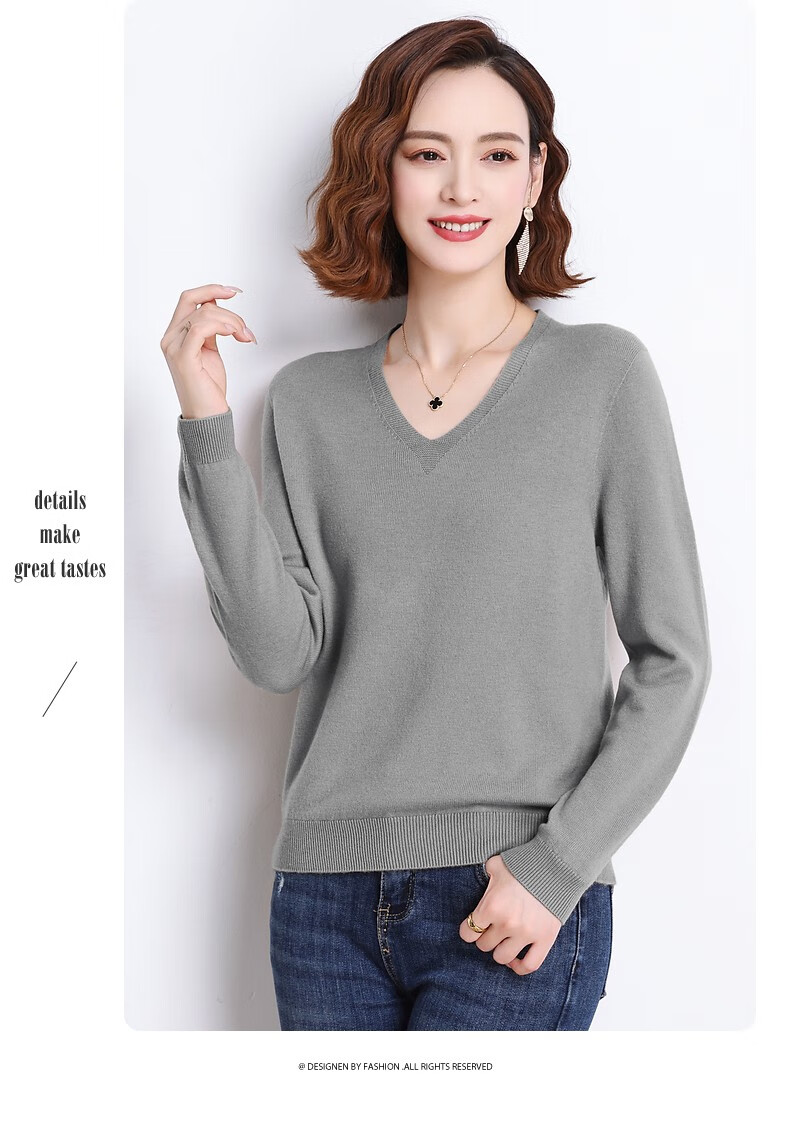 Hengyuanxiang 100% Pure Wool Sweater for Women, V-Neck Loose Base Layer, Autumn And Winter Warm Fashion Knit Sweater, Women's Top 24