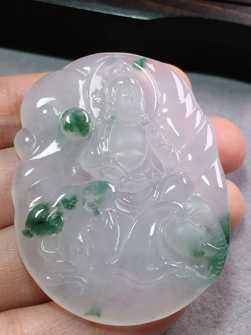 绿翠天成翡翠冰种飘花普贤菩萨吊坠缅甸a货翡翠玉石送礼送老公生日