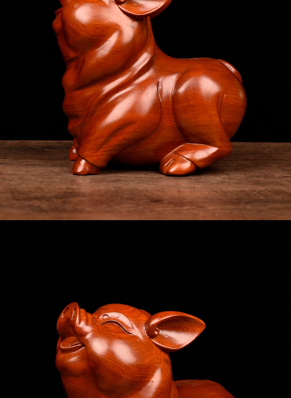 御木轩花梨木雕十二生肖福猪摆件实木雕刻朝天猪工艺品客厅家居装饰品